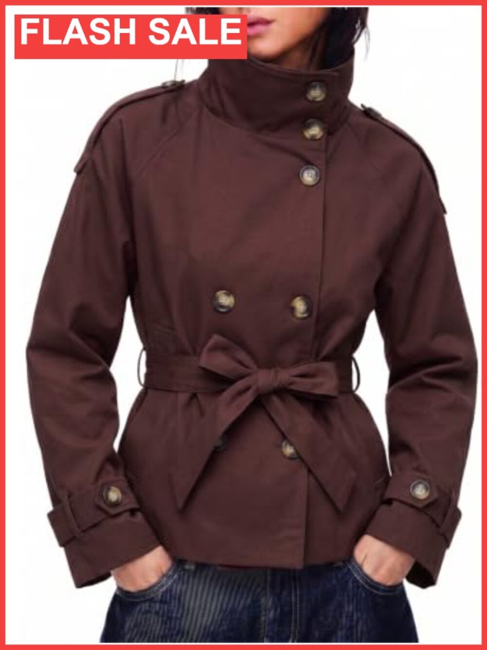 Cropped Trench Coat Double Breasted High Neck Jacket